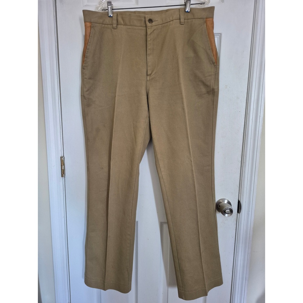 Orvis Mens Khaki Cotton Canvas Field Pants Leather Trim Tan 38x34